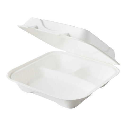 Bagasse 9" x 9" 3-Compartment White Hinged Food Container - 200ct