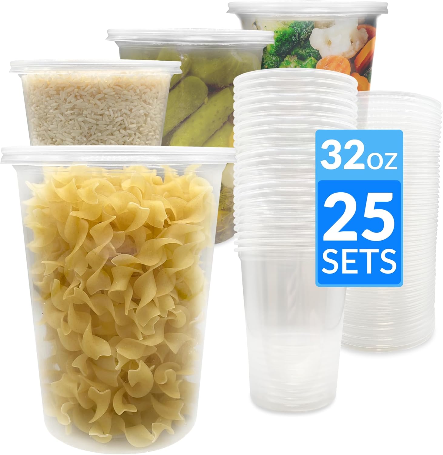 Clear plastic containers with food items and a label indicating 32 oz capacity and 25 sets.