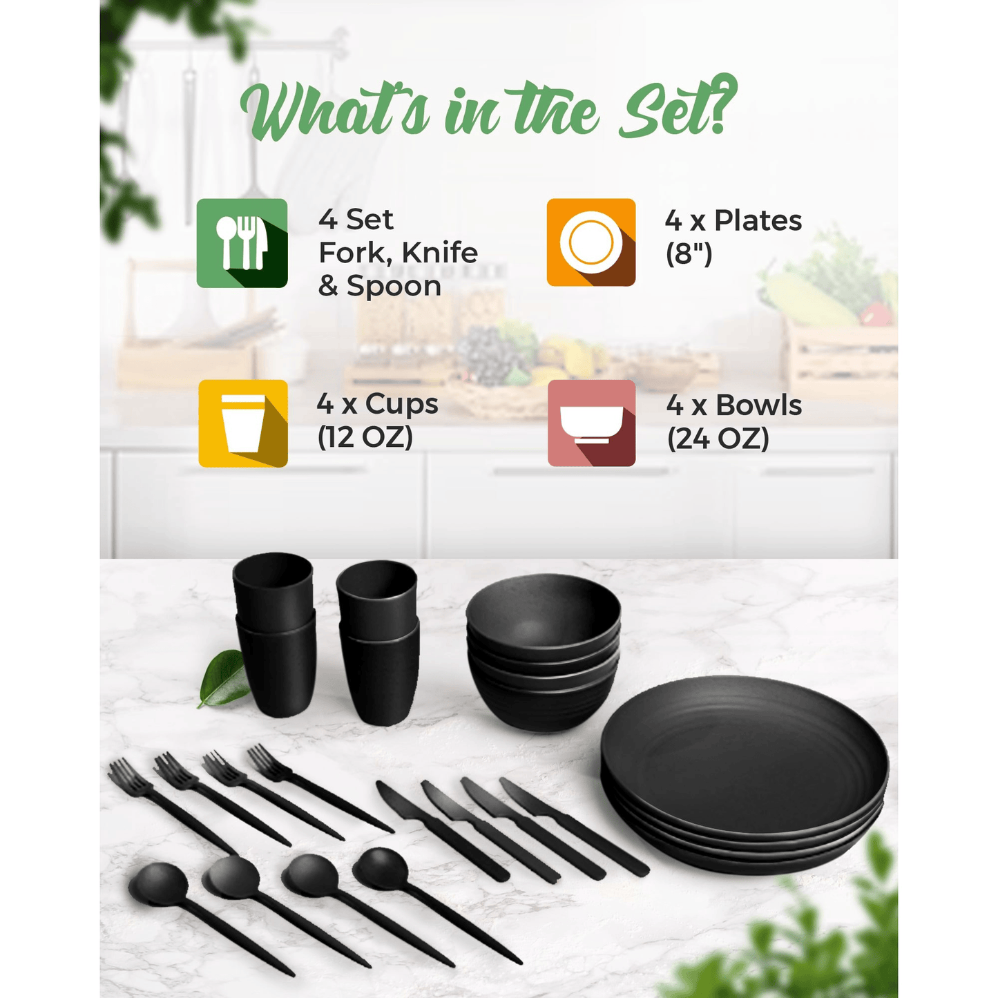 Wheat Straw Dinnerware Set for 4 – Plates, Bowls, Cups & Reusable Cutlery