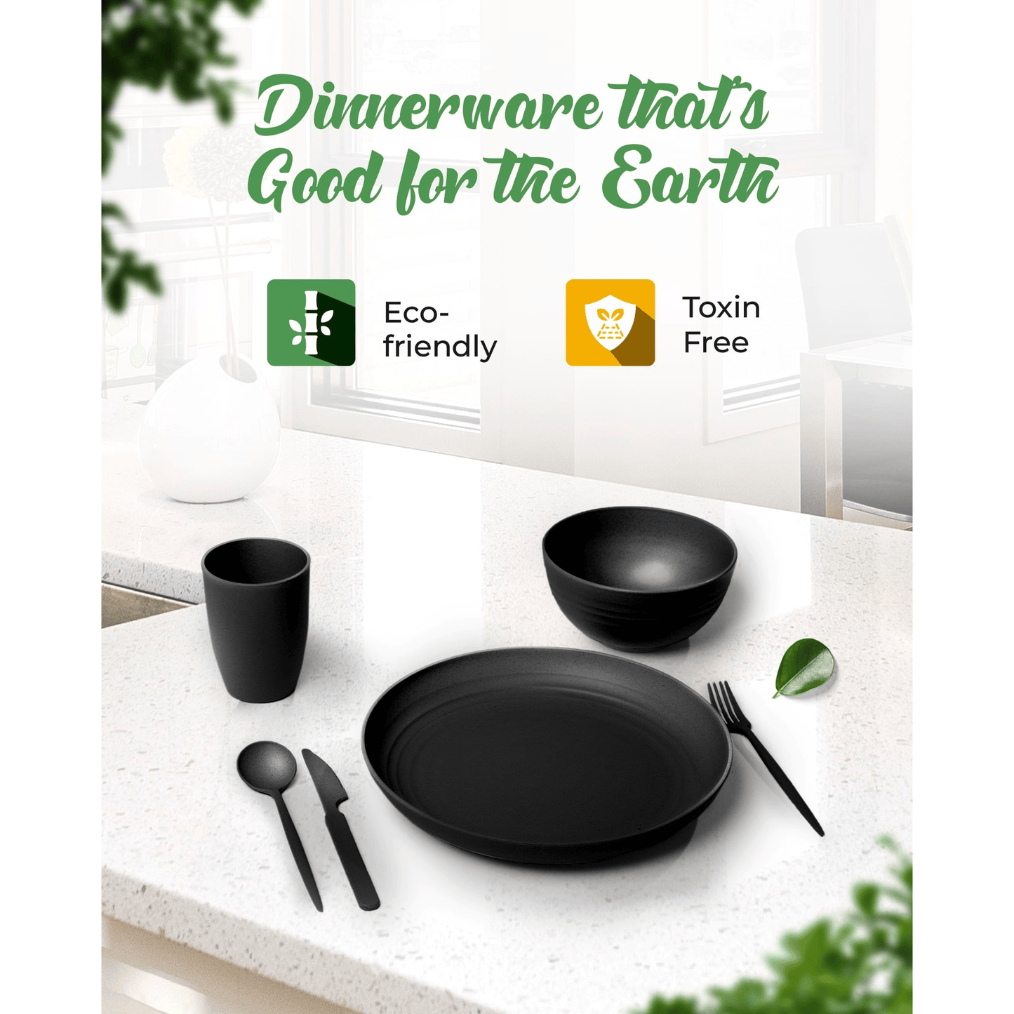 Wheat Straw Dinnerware Set for 4 – Plates, Bowls, Cups & Reusable Cutlery
