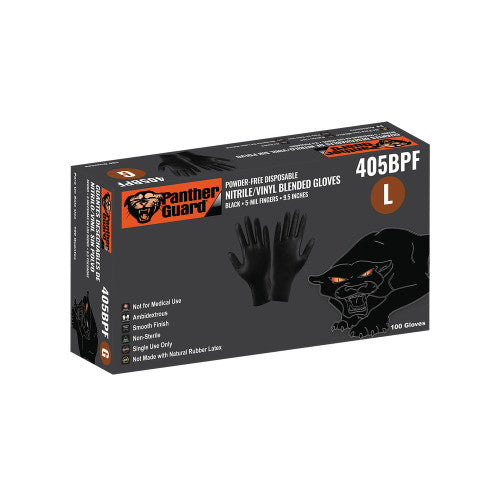 Box of Panther Guard disposable gloves with black gloves on a white background