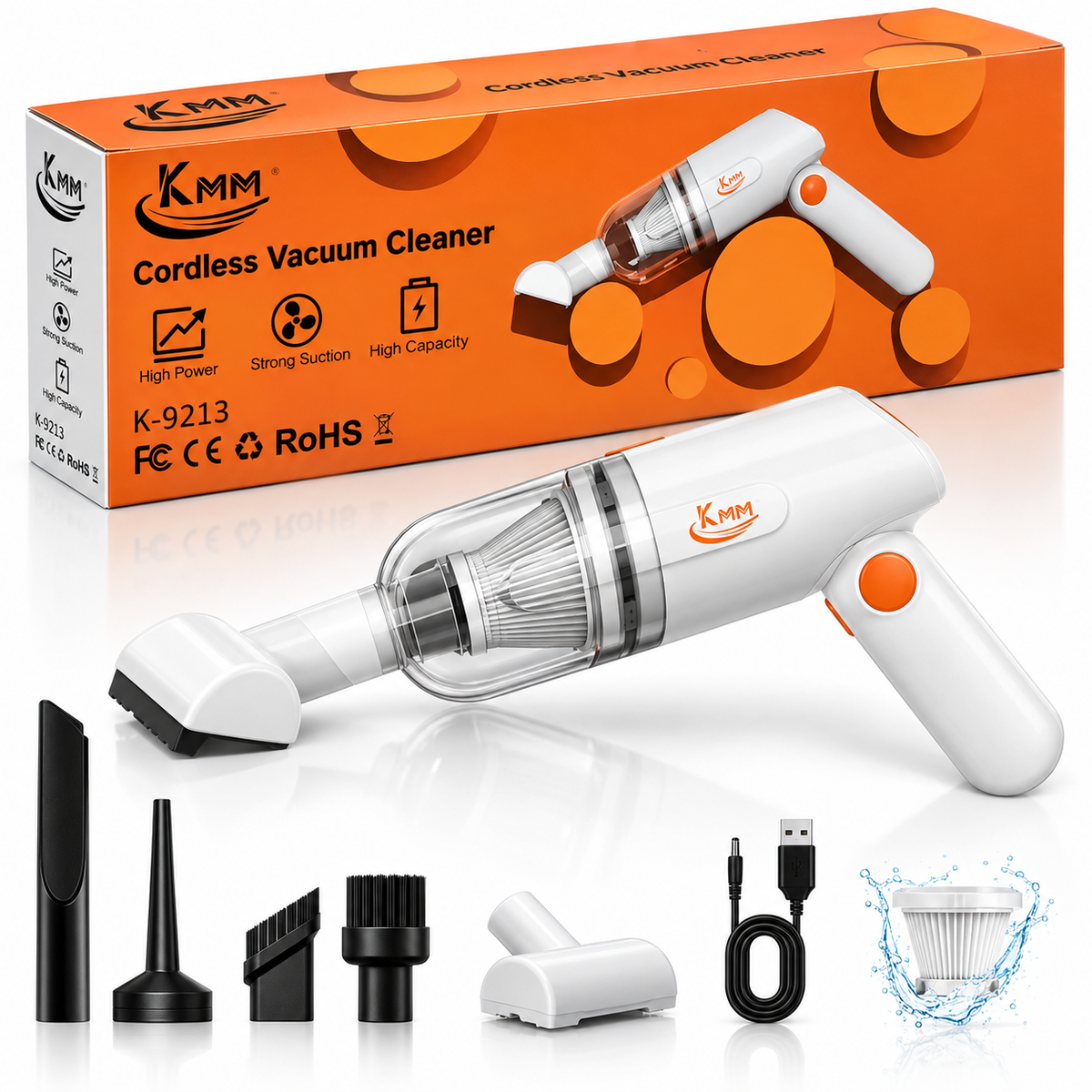 KMM cordless vacuum cleaner set with its orange retail box, shown on a white background with multiple attachments, a USB charging cable, and a water-droplet accessory graphic.