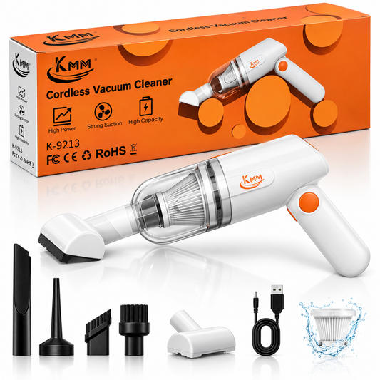 KMM cordless vacuum cleaner set with its orange retail box, shown on a white background with multiple attachments, a USB charging cable, and a water-droplet accessory graphic.
