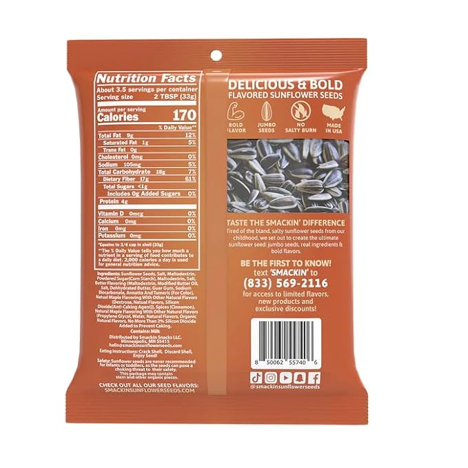 SMACKIN' - Jumbo Roasted Sunflower Seeds,Maple Brown Sugar - 4oz