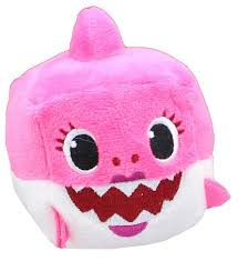 Pink shark plush toy with a happy expression