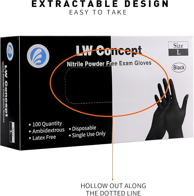 LW Black 5Mil Nitrile Exam Gloves,100/Box (10/carton) - 1,000 GLOVES