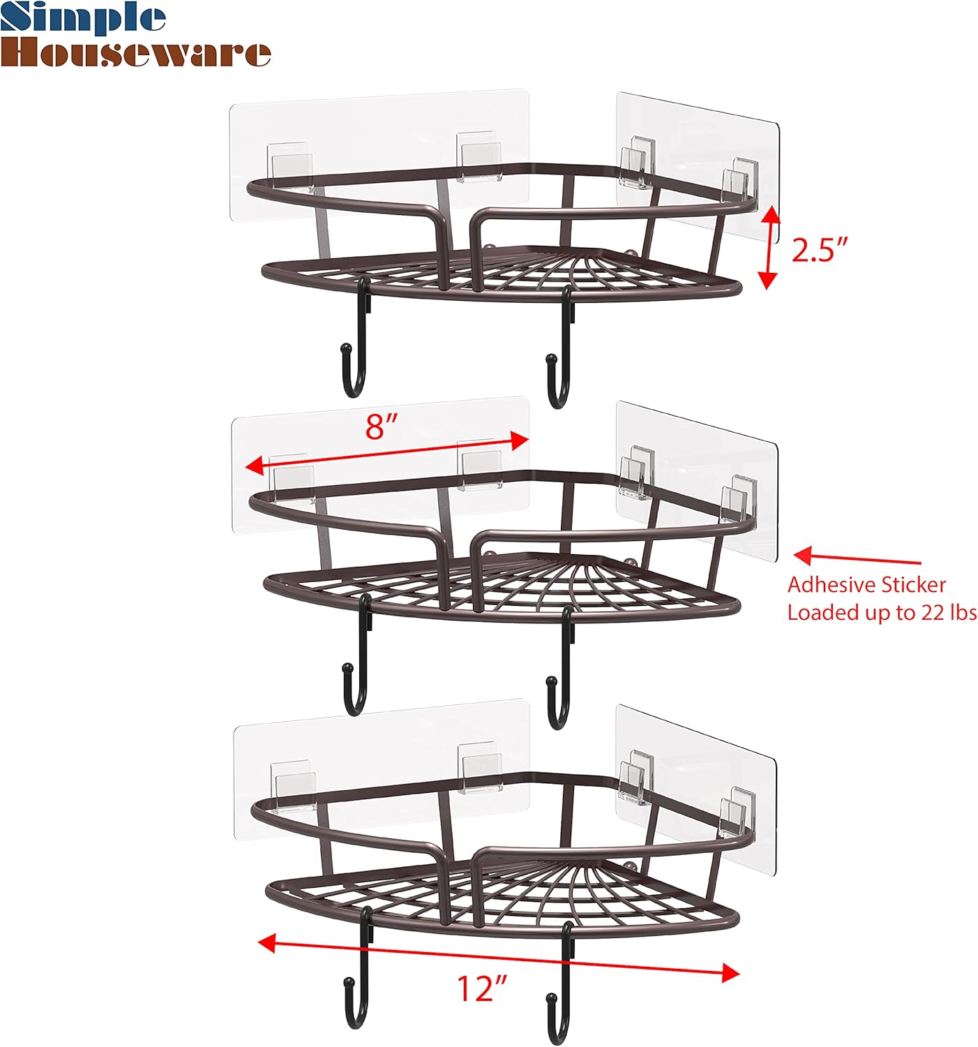 Adhesive Corner Shower Caddy Shelf Organizers, Bronze