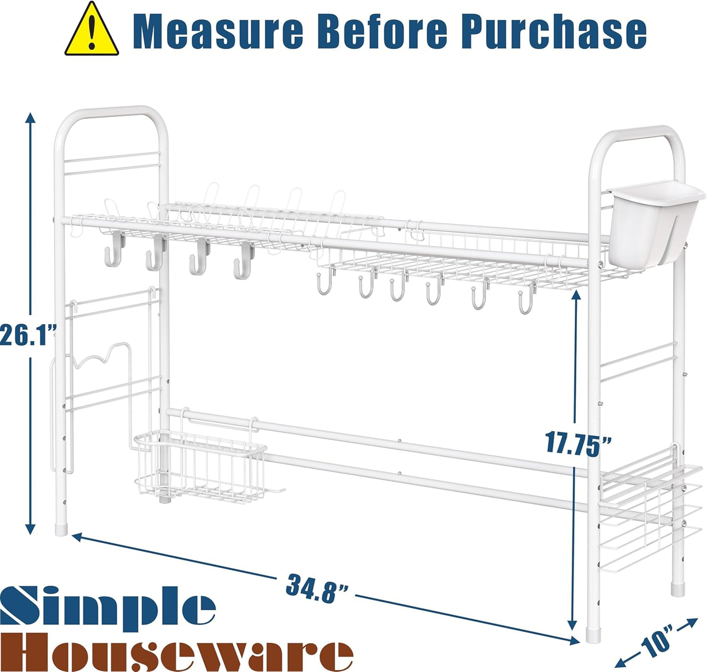 Large Over-the-Sink Countertop Dish Drying Rack Drainer, White