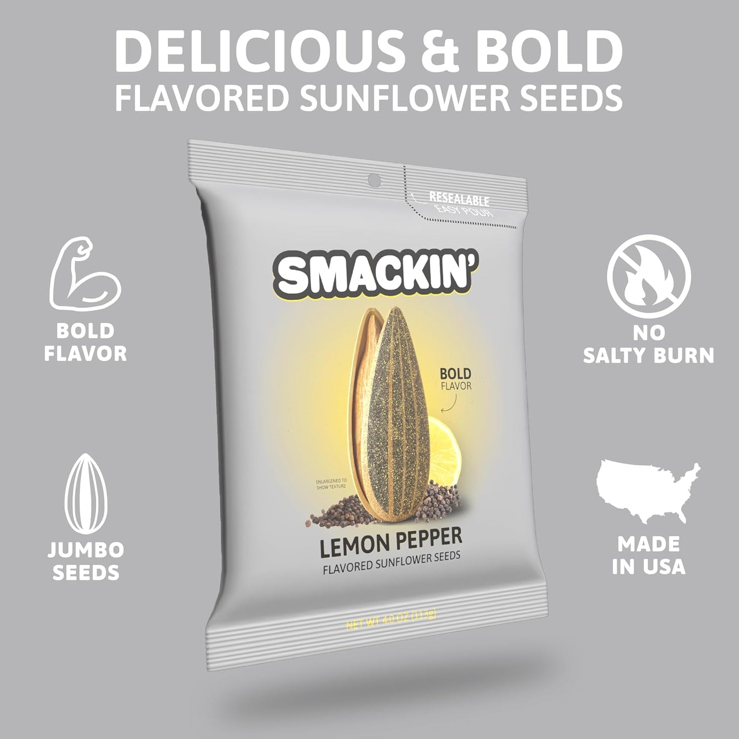 SMACKIN' - Jumbo Roasted Sunflower Seeds,Lemon Pepper - 4oz