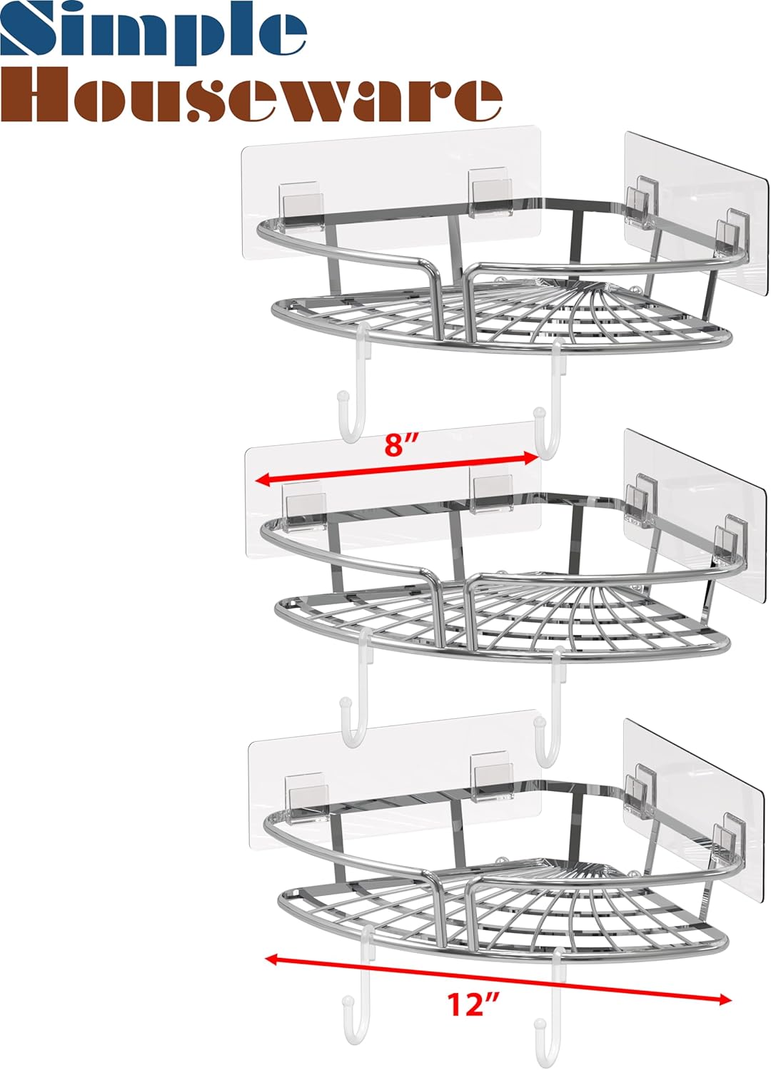 3-Pack Adhesive Corner Shower Caddy Shelf Organizers, Chrome