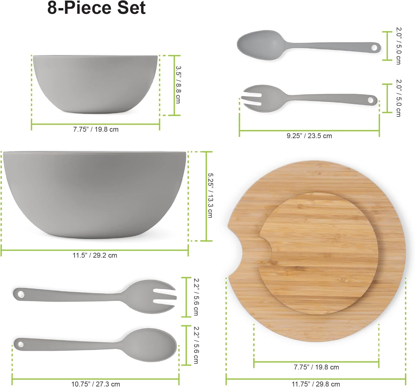 11.5" Extra Large Salad and 8" Serving Bowl with Wooden Lid and Servers, 8 pc set, Gray