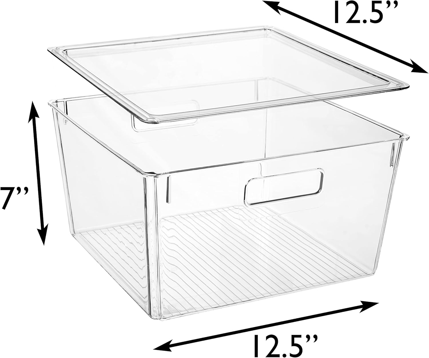 Clear storage bin with dimensions labeled on a white background