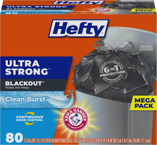 Hefty Ultra Strong BlackOut 13‑Gallon Drawstring Bags, 80ct