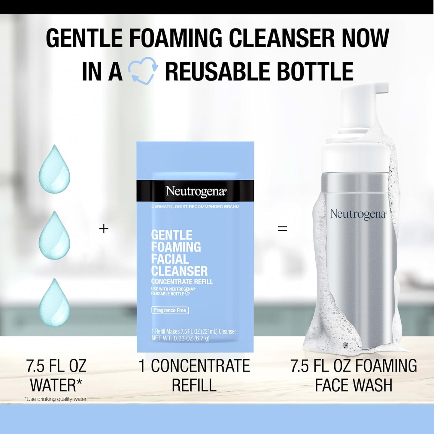 Neutrogena Reusable Gentle Foaming Facial Cleanser Starter Kit, Fragrance‑Free 7.5 oz