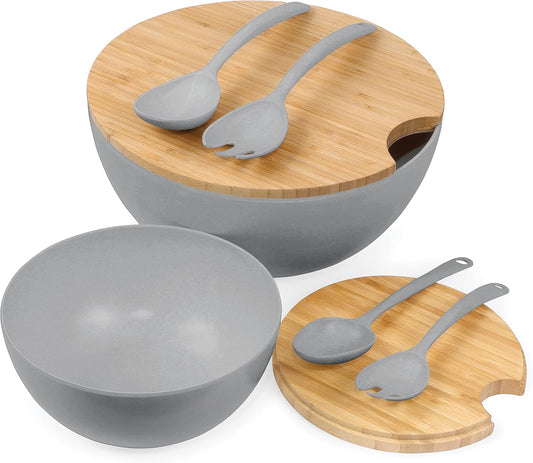11.5" Extra Large Salad and 8" Serving Bowl with Wooden Lid and Servers, 8 pc set, Gray