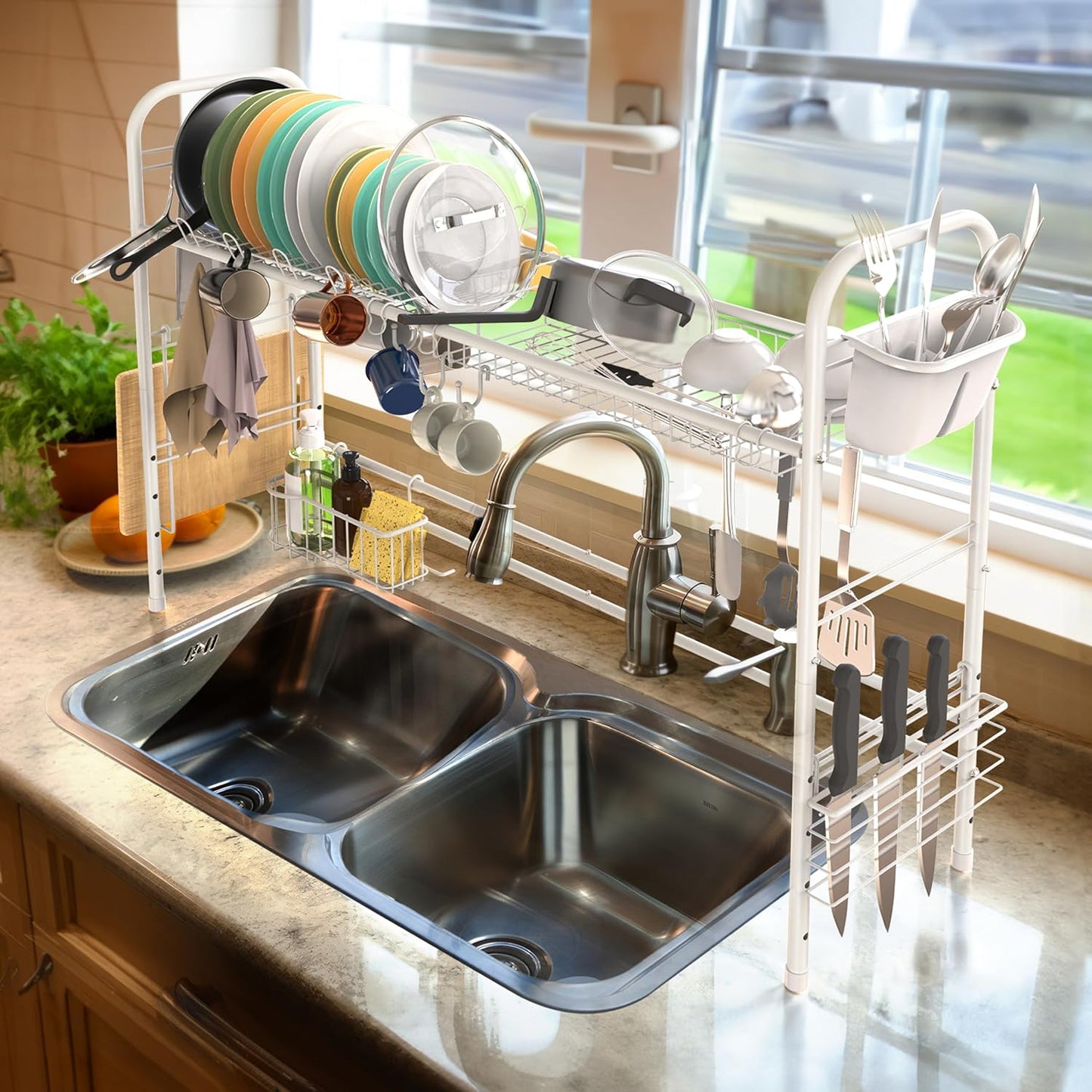 Large Over-the-Sink Countertop Dish Drying Rack Drainer, White