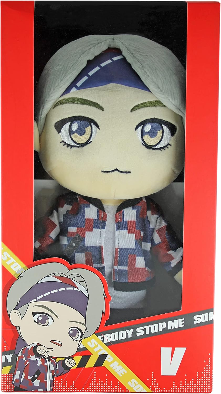 Plush toy with a colorful jacket and headband in a red box packaging.