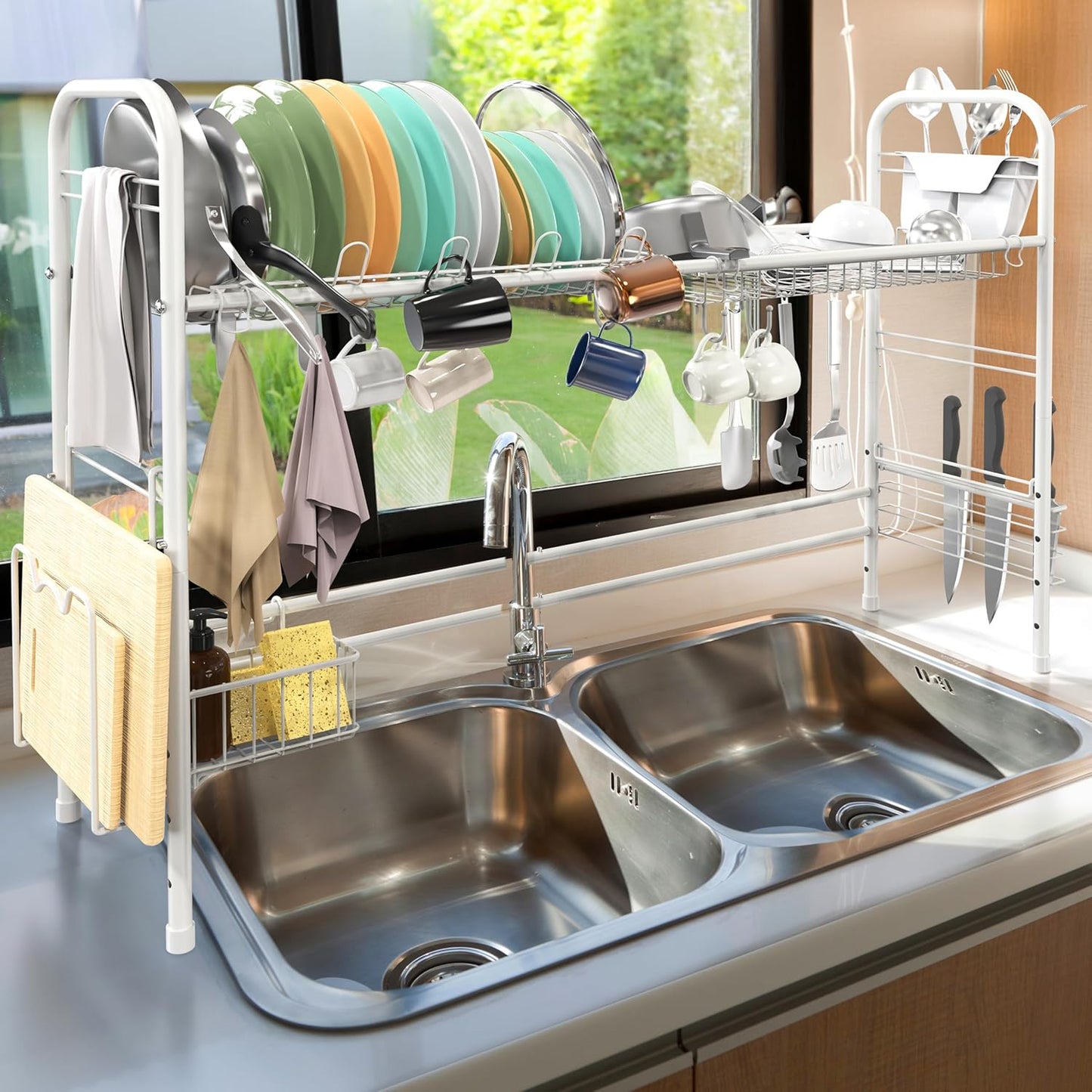 Large Over-the-Sink Countertop Dish Drying Rack Drainer, White