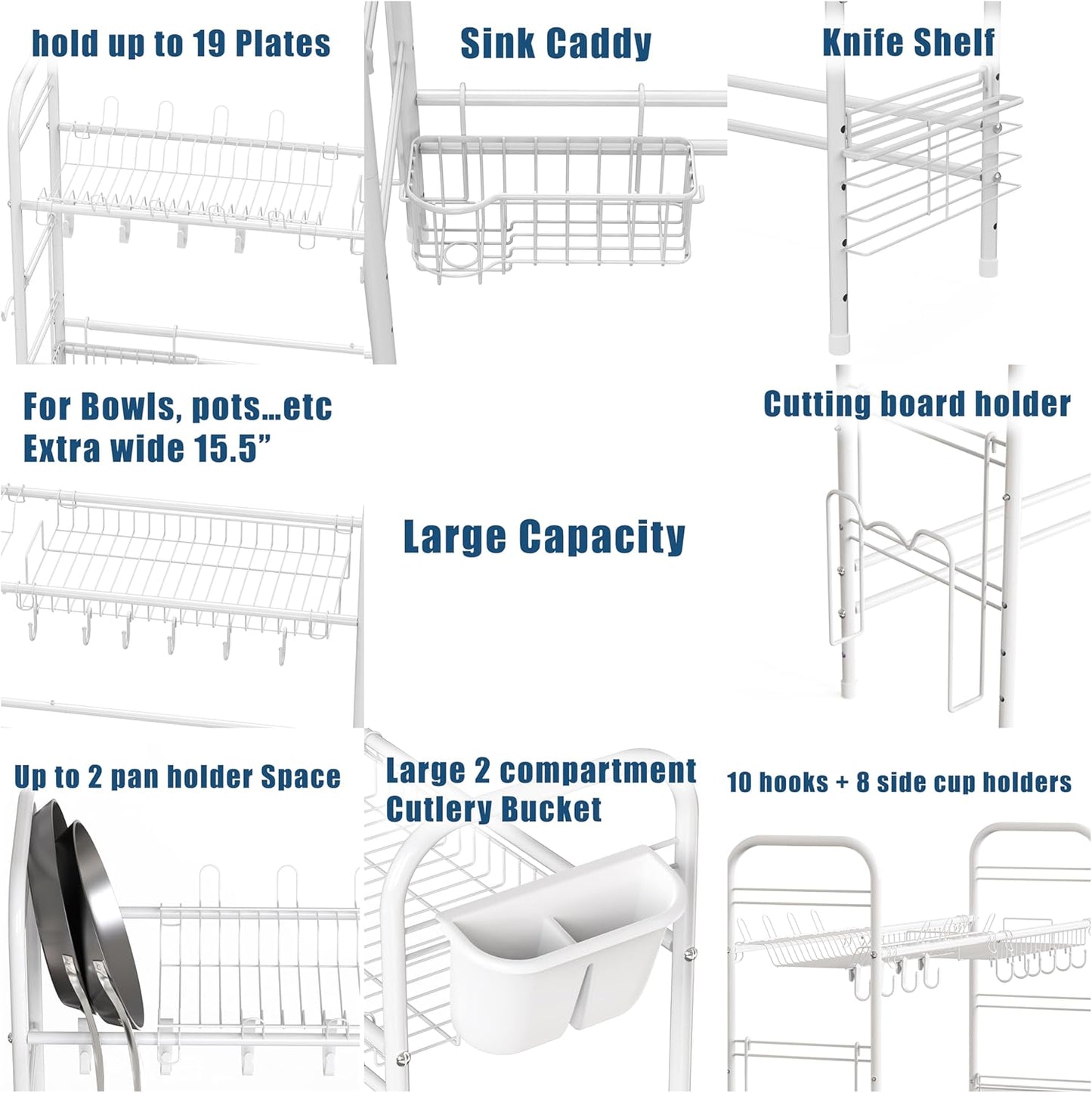 Large Over-the-Sink Countertop Dish Drying Rack Drainer, White