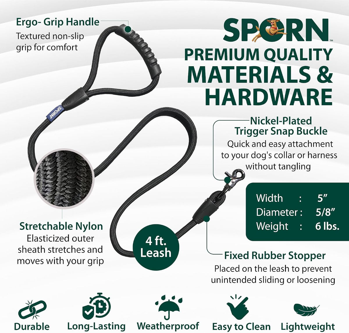 Sporn Non-Friction Heavy Duty Dog Leash – Shock Absorbing, 4ft