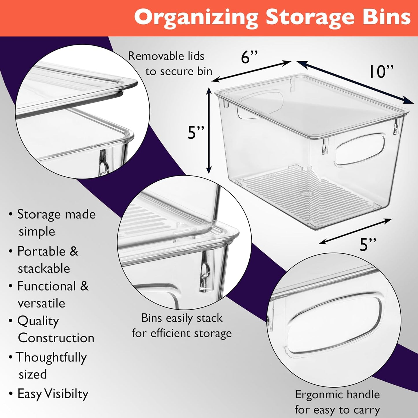 Clearspace Storage Bins with Lids  , 10” x 6” x 5”, 2ct