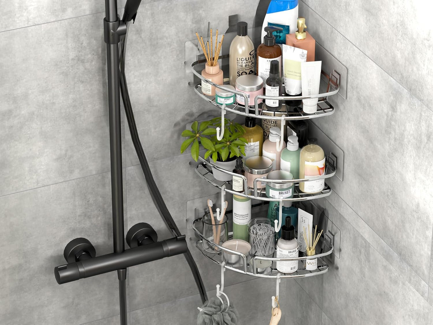 3-Pack Adhesive Corner Shower Caddy Shelf Organizers, Chrome