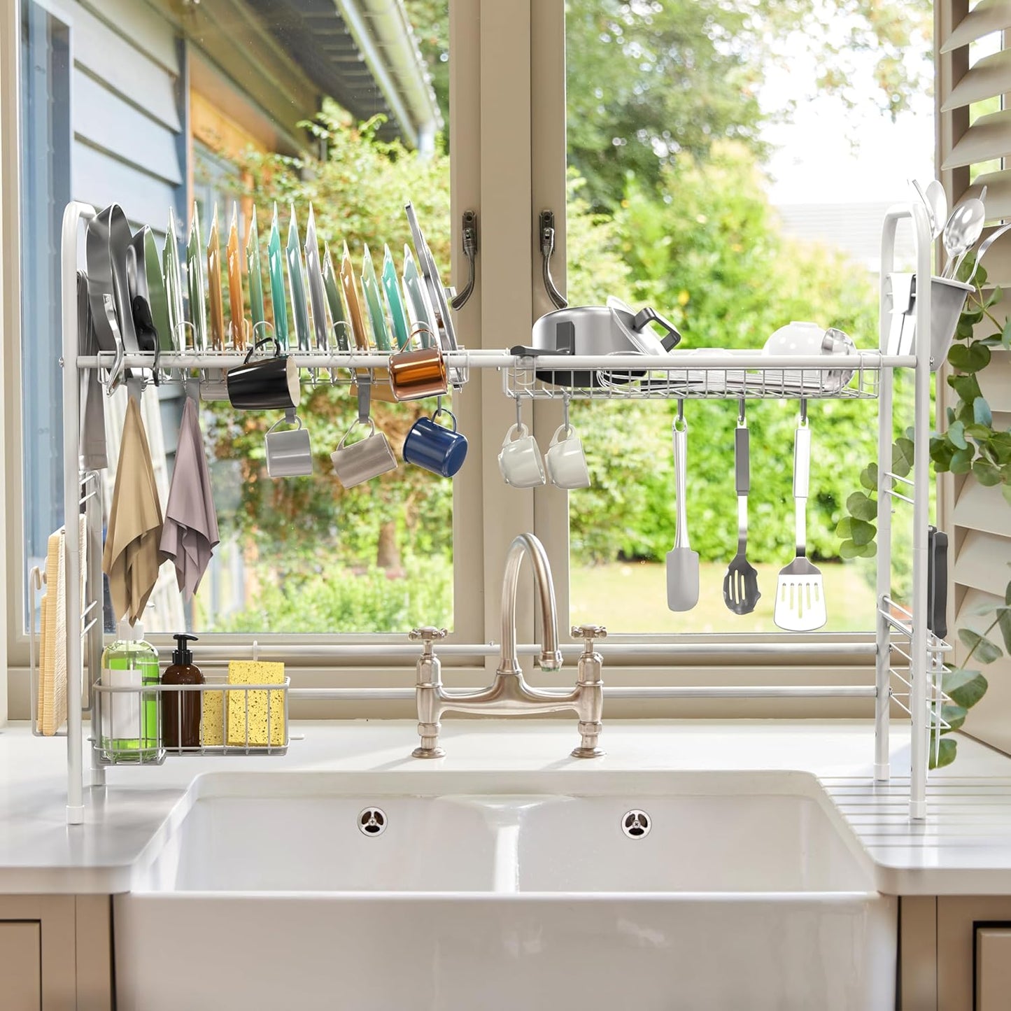 Large Over-the-Sink Countertop Dish Drying Rack Drainer, White