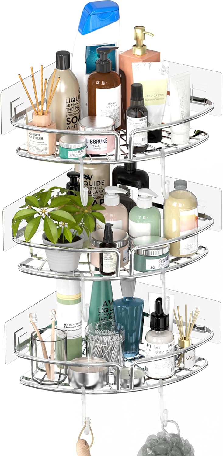 3-Pack Adhesive Corner Shower Caddy Shelf Organizers, Chrome