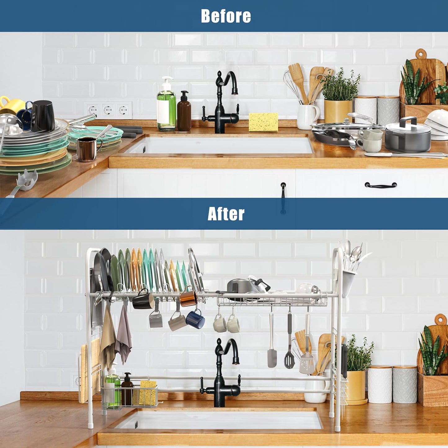 Large Over-the-Sink Countertop Dish Drying Rack Drainer, White