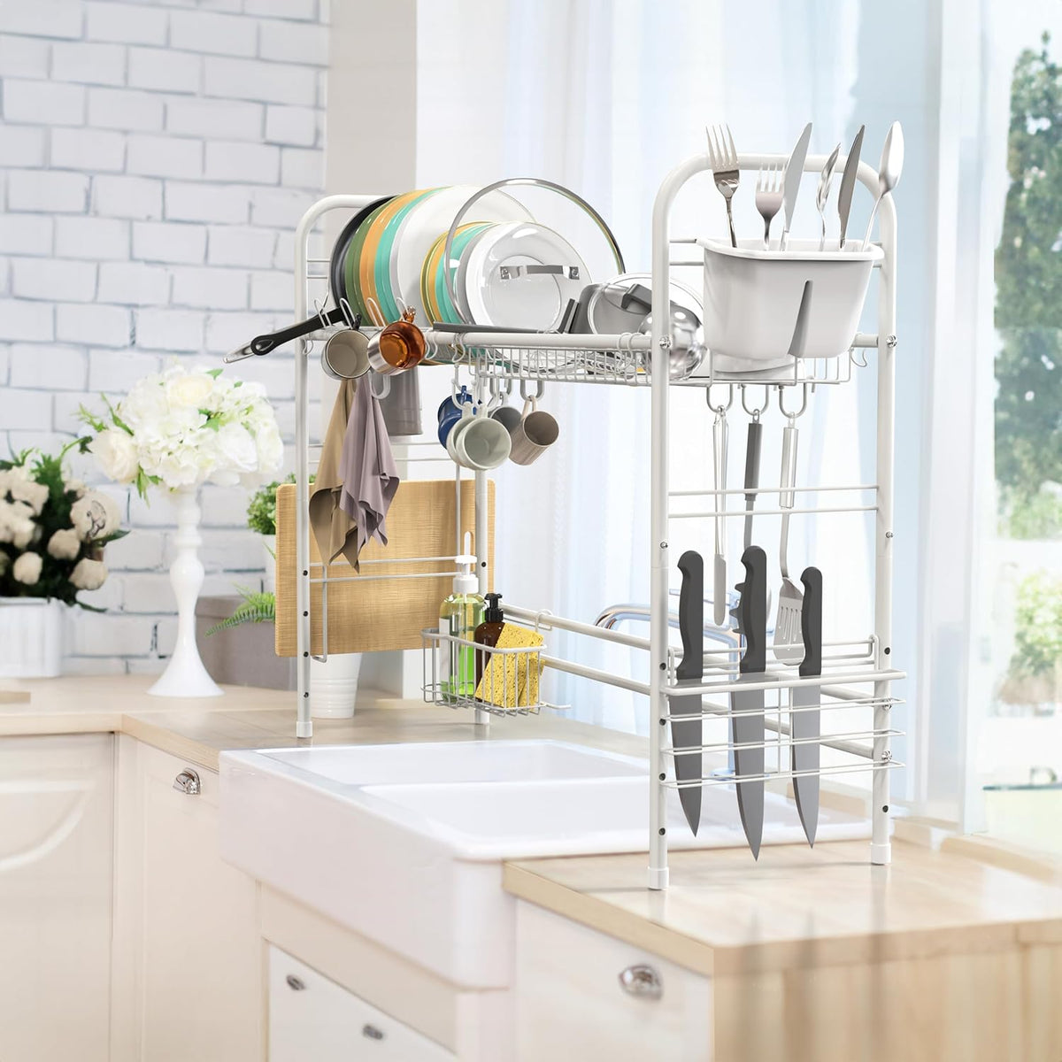 Large Over-the-Sink Countertop Dish Drying Rack Drainer, White