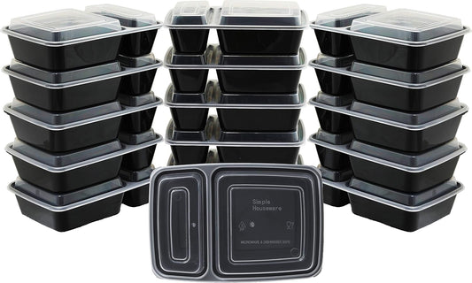 Multiple black meal prep containers with clear lids on a white background