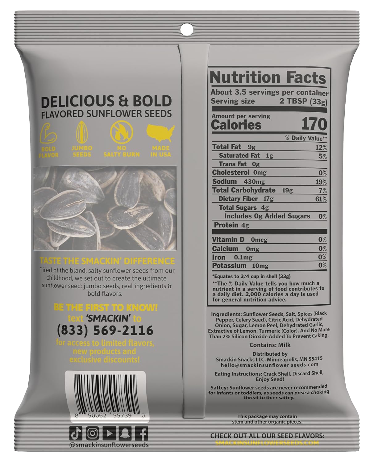 SMACKIN' - Jumbo Roasted Sunflower Seeds,Lemon Pepper - 4oz