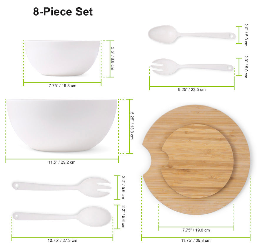 11.5" Extra Large Salad and 8" Serving Bowl with Wooden Lid and Servers, 8 pc set, Gray