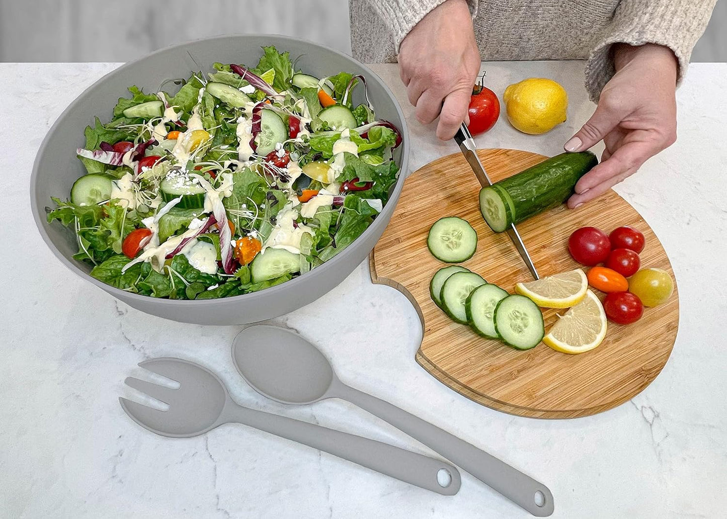 11.5" Extra Large Salad and 8" Serving Bowl with Wooden Lid and Servers, 8 pc set, Gray