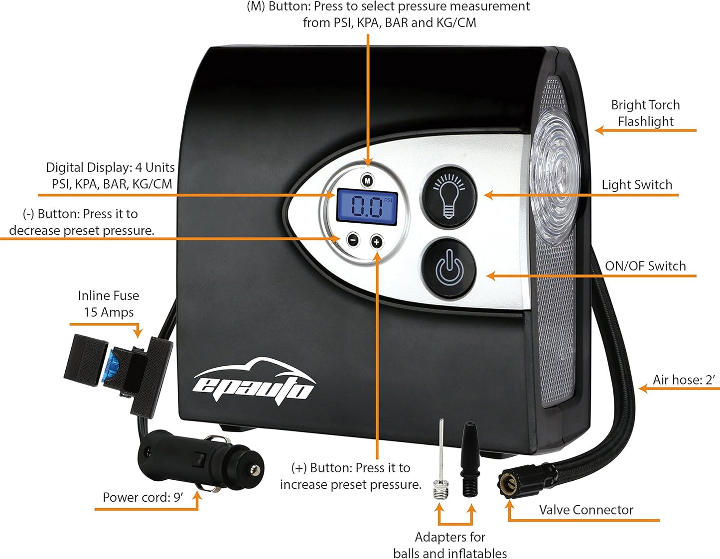 12V DC Portable Digital Tire Inflator & Air Compressor, Black