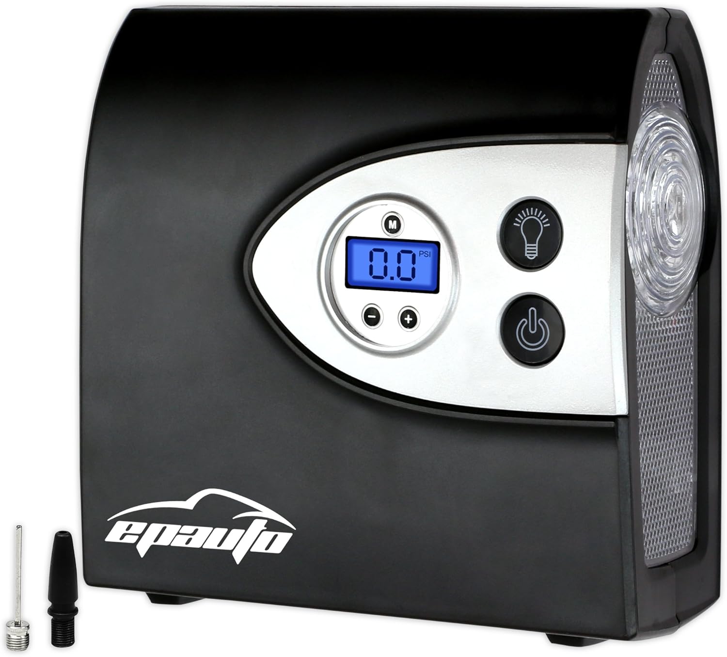Black and silver air compressor with digital display and EPAuto branding on a white background