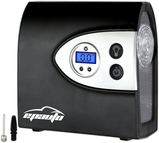 Black and silver air compressor with digital display and EPAuto branding on a white background