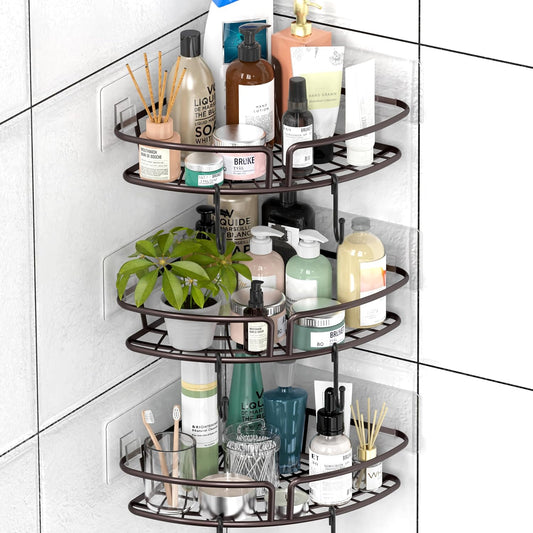 Corner shelf with various bathroom products and a plant on a white wall.