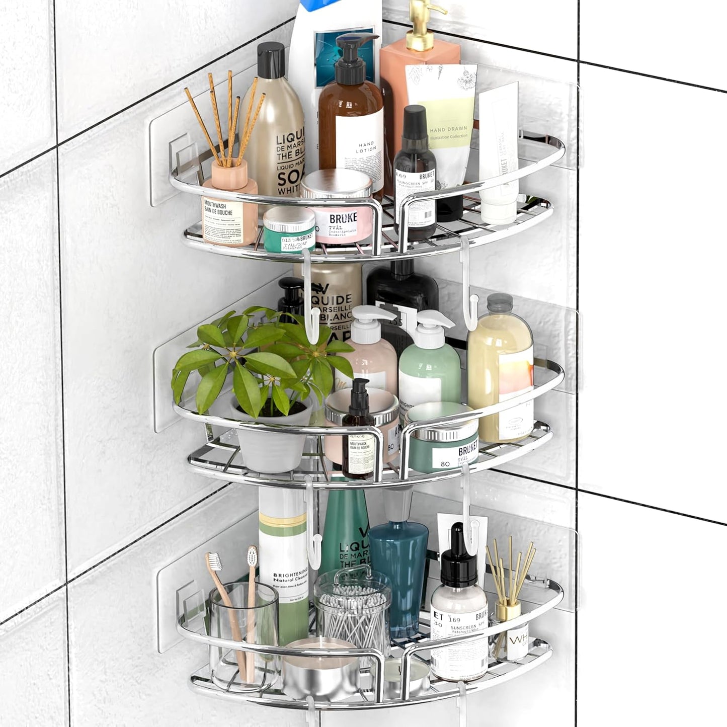 Corner shelf with various bathroom products against a white tiled wall.