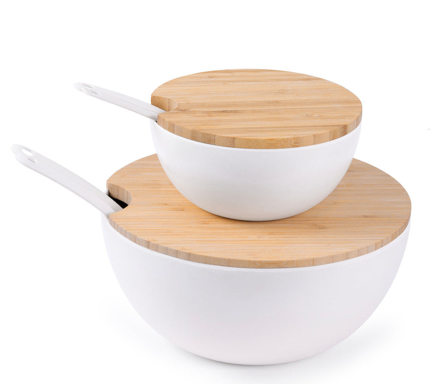 11.5" Extra Large Salad and 8" Serving Bowl with Wooden Lid and Servers, 8 pc set, Gray