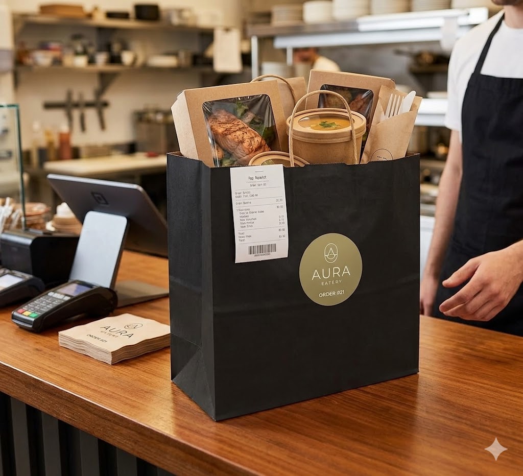 Black bag with food items on a counter in a kitchen setting, featuring the Aura Bakery logo.