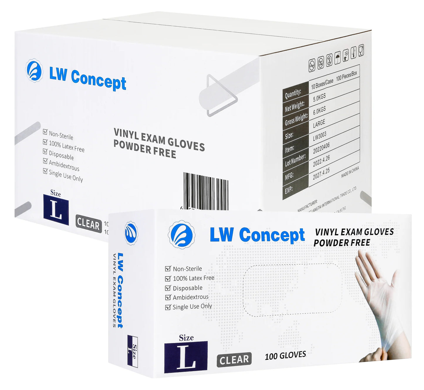 LW Clear Vinyl Exam Gloves,100/Box(10/carton) - 1,000 GLOVES