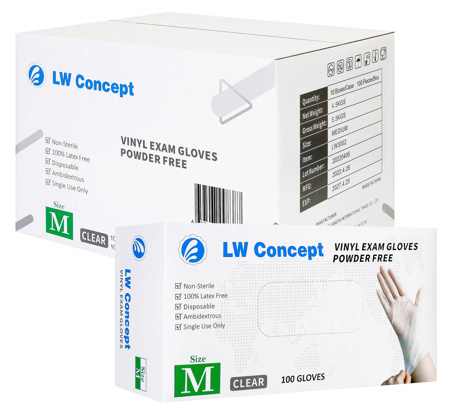 LW Clear Vinyl Exam Gloves,100/Box(10/carton) - 1,000 GLOVES