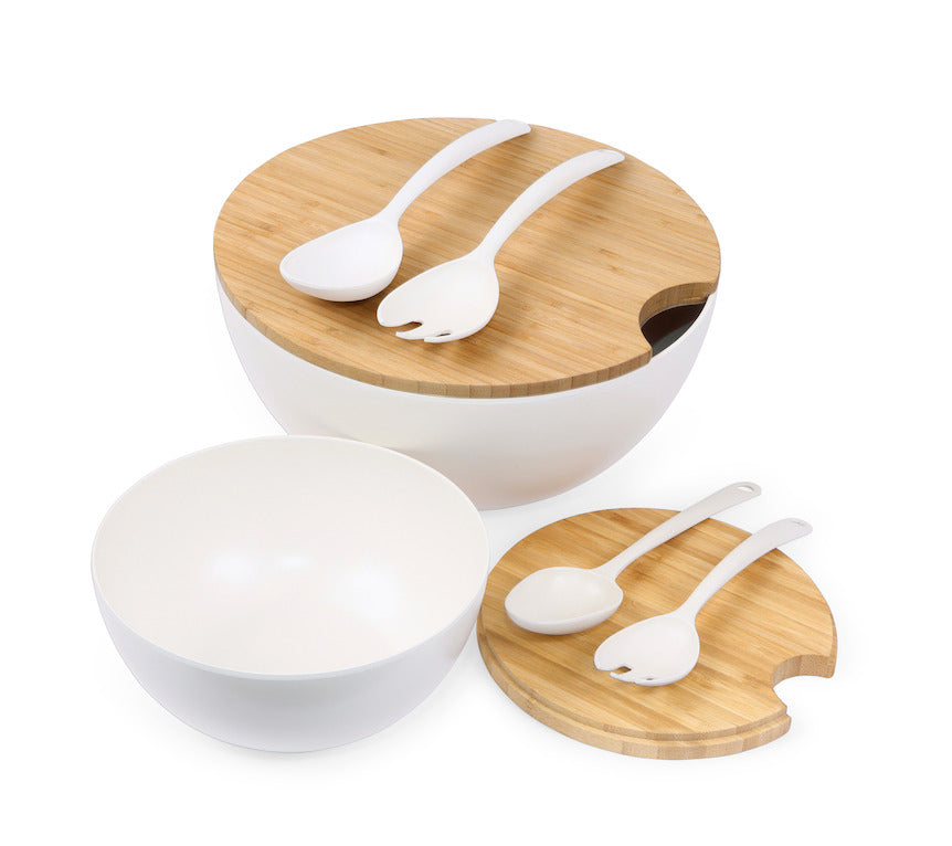 11.5" Extra Large Salad and 8" Serving Bowl with Wooden Lid and Servers, 8 pc set, White
