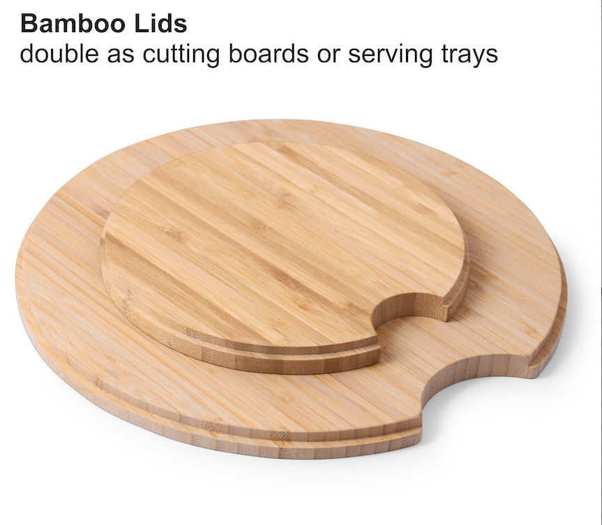 11.5" Extra Large Salad and 8" Serving Bowl with Wooden Lid and Servers, 8 pc set, Gray