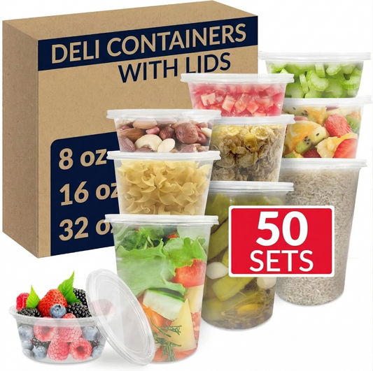8/16/32 oz. Round Deli Clear Container w/Lid Combo - 50ct