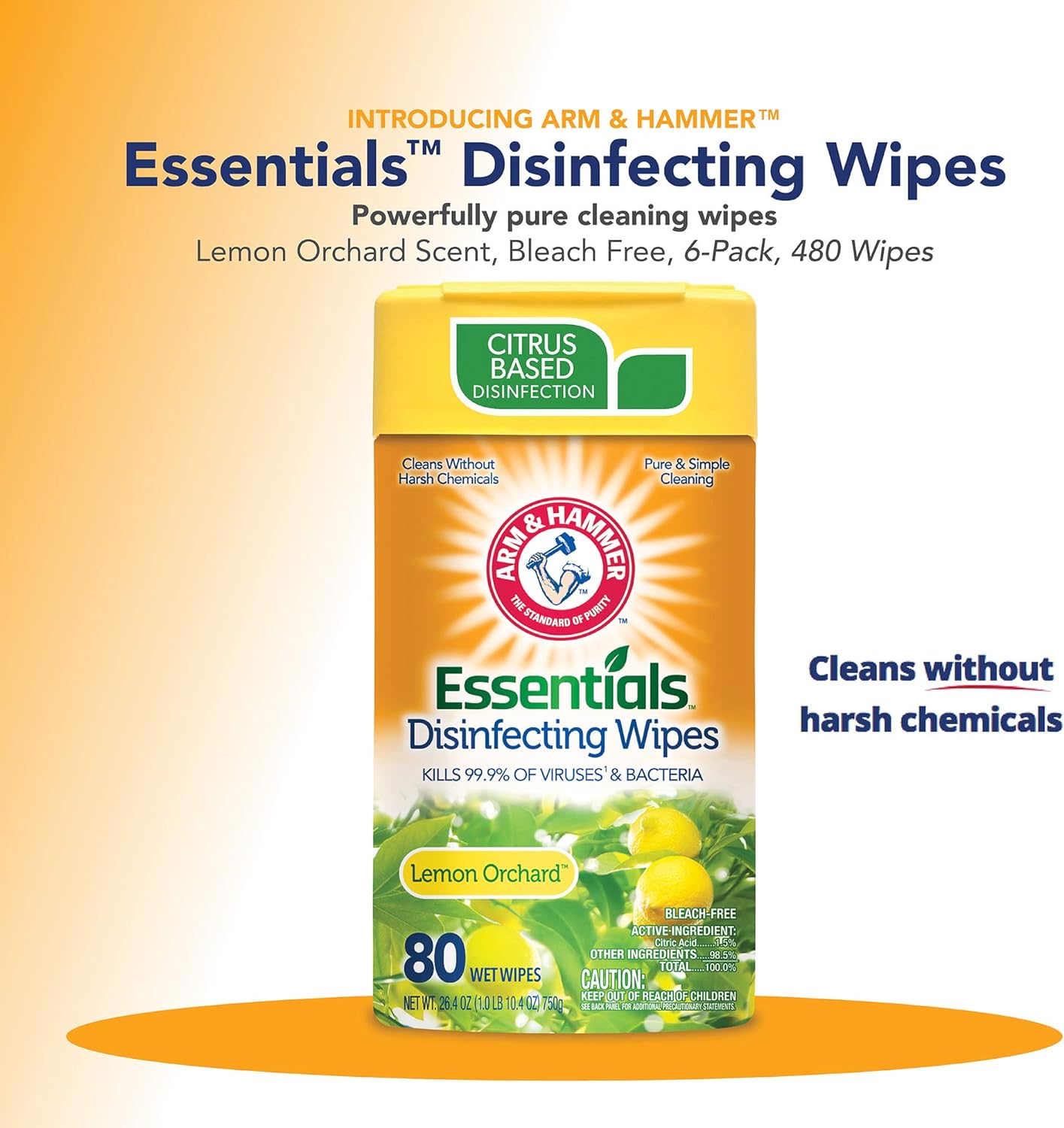 Arm & Hammer Disinfecting Wipes, Lemon Orchard Scent,80 Count (128 CASES OF 6)