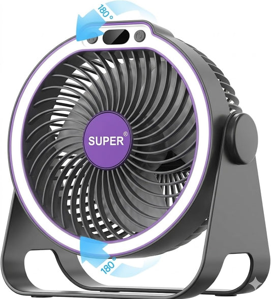 Portable fan with a purple 'Super' logo on a white background