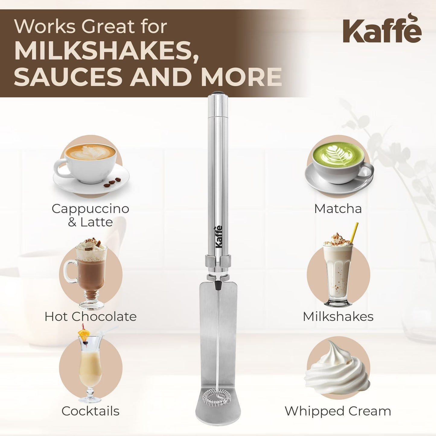 Handheld Milk Frother with Stand – Stainless Steel