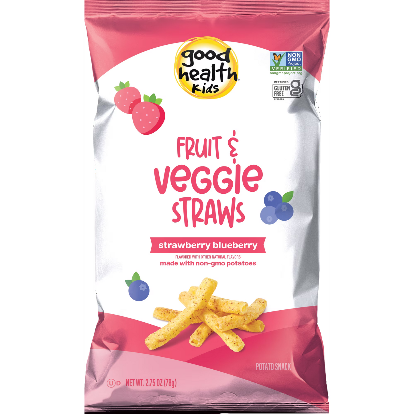 Good Health Kids Fruit & Veggie Straws packaging with strawberry and blueberry graphics on a white background
